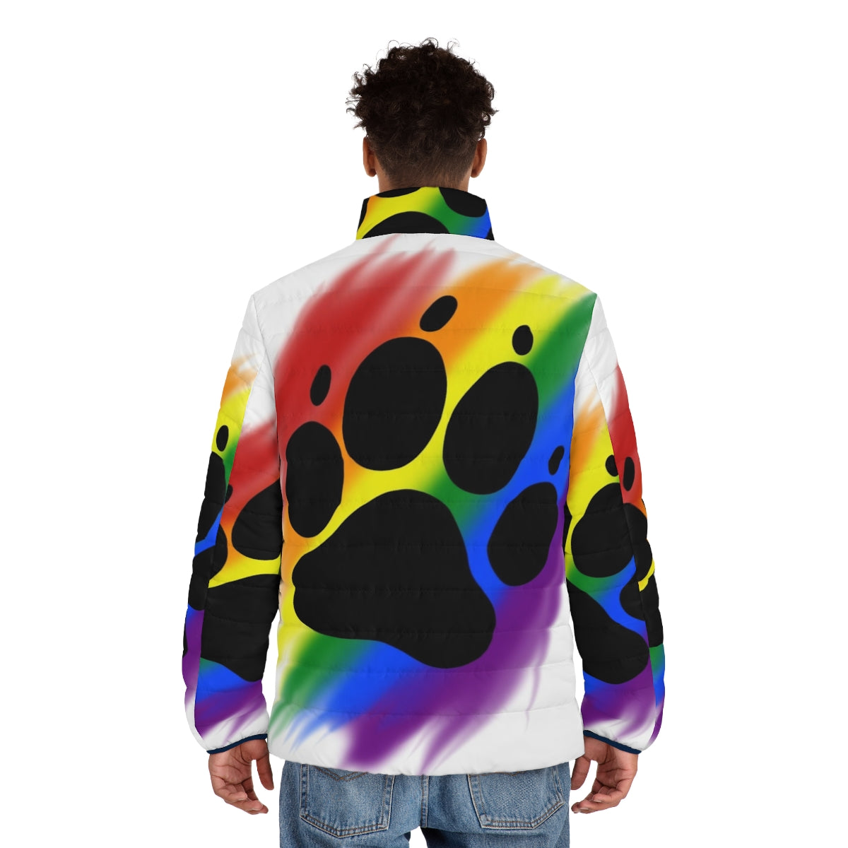 Colorful rainbow puffer jacket with dog paw print design - men back