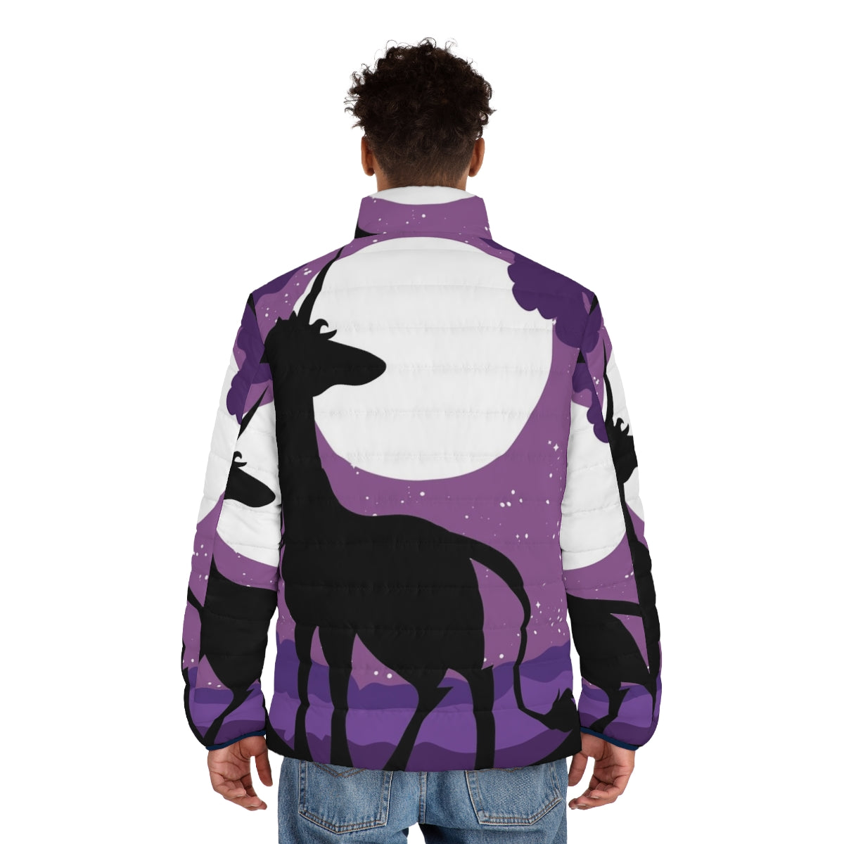 Unicorn puffer jacket with fantasy forest and moon design - men back