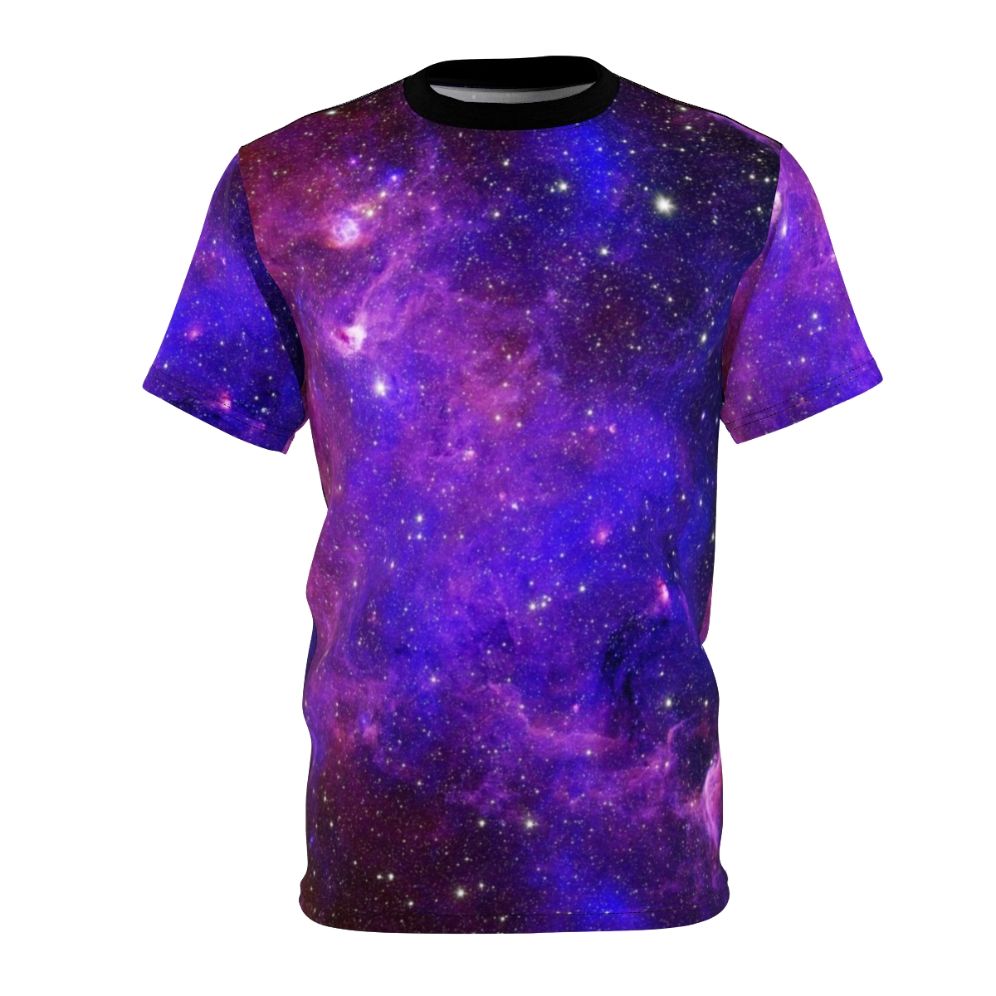 Vibrant cosmic galaxy design t-shirt with a colorful print of stars, nebulae, and other celestial bodies