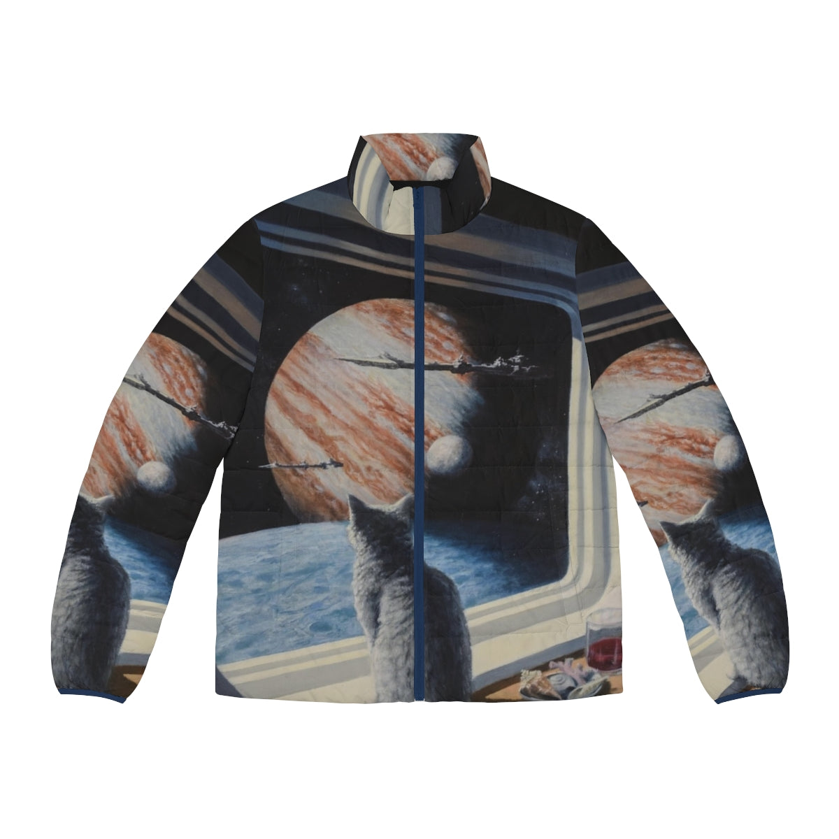 A stylish puffer jacket featuring a cat in a space suit, against a backdrop of a science fiction painting.