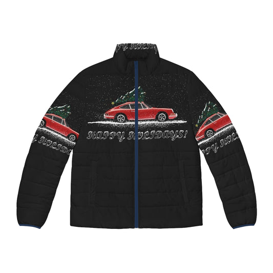 Stylish Porsche 911 puffer jacket with snowy winter and holiday imagery