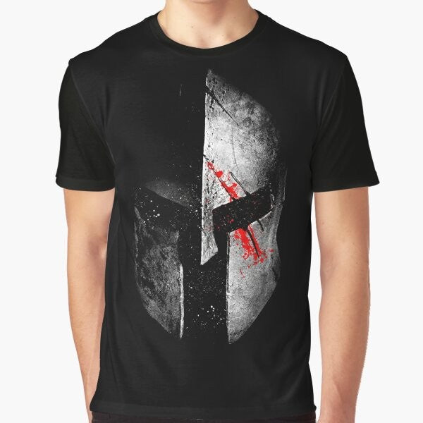 Spartan warrior graphic t-shirt featuring dark art, helmet, and bloody design