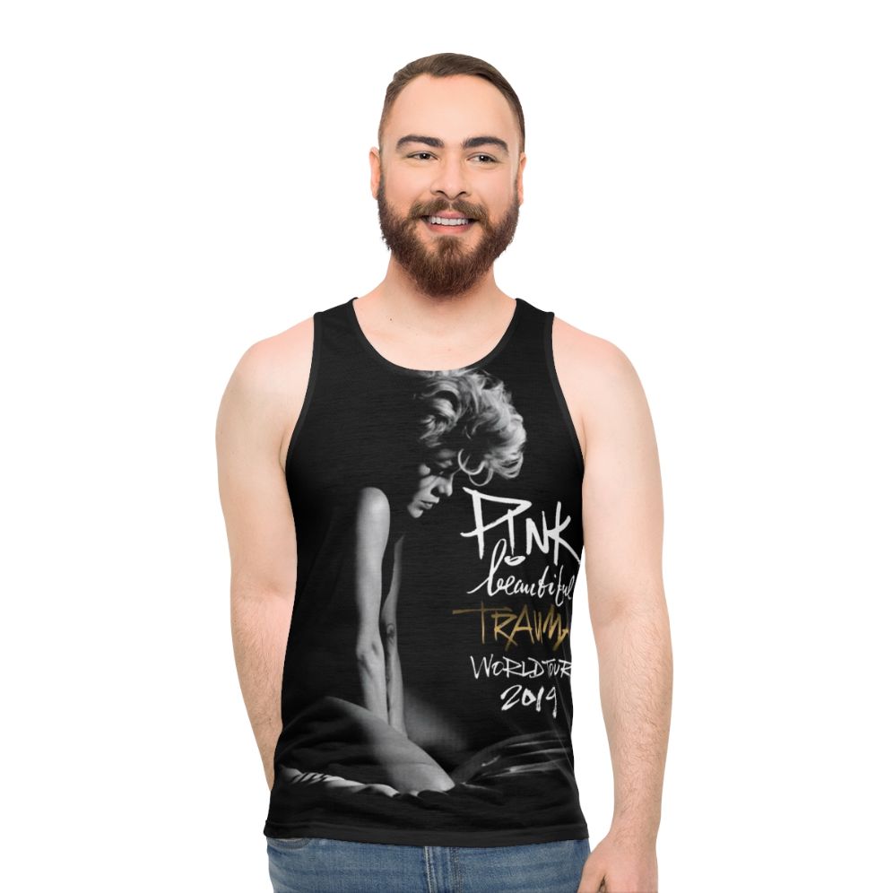 Unisex pink tank top with music and trauma recovery design - men