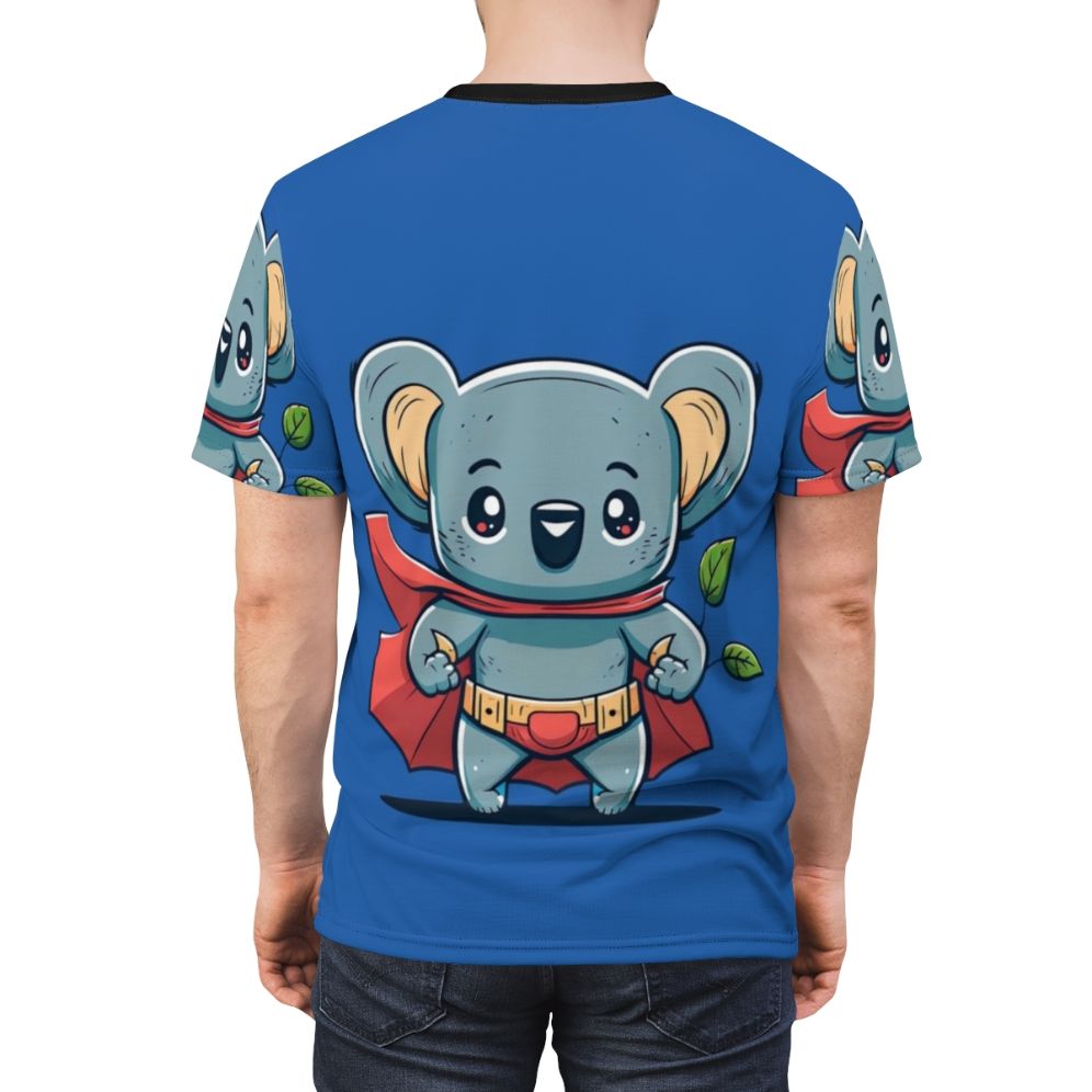 Illustration of a cute, kawaii koala wearing a superhero cape and standing in front of eucalyptus leaves - men back