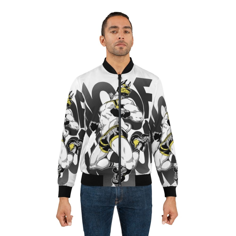 Luxury pup play bomber jacket for men, featuring a bold "WOOF" graphic - Lifestyle