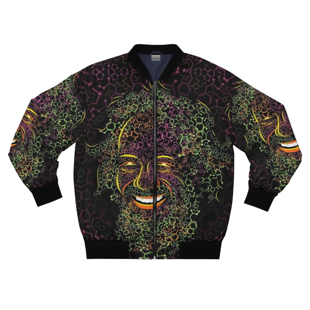 Psychedelic bomber jacket featuring the molecular structures of MDMA and 2C-B, designed by Alexander Shulgin