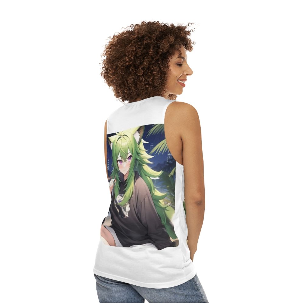 Kawaii anime boy wearing unisex tank top with raccoon hybrid design - women back