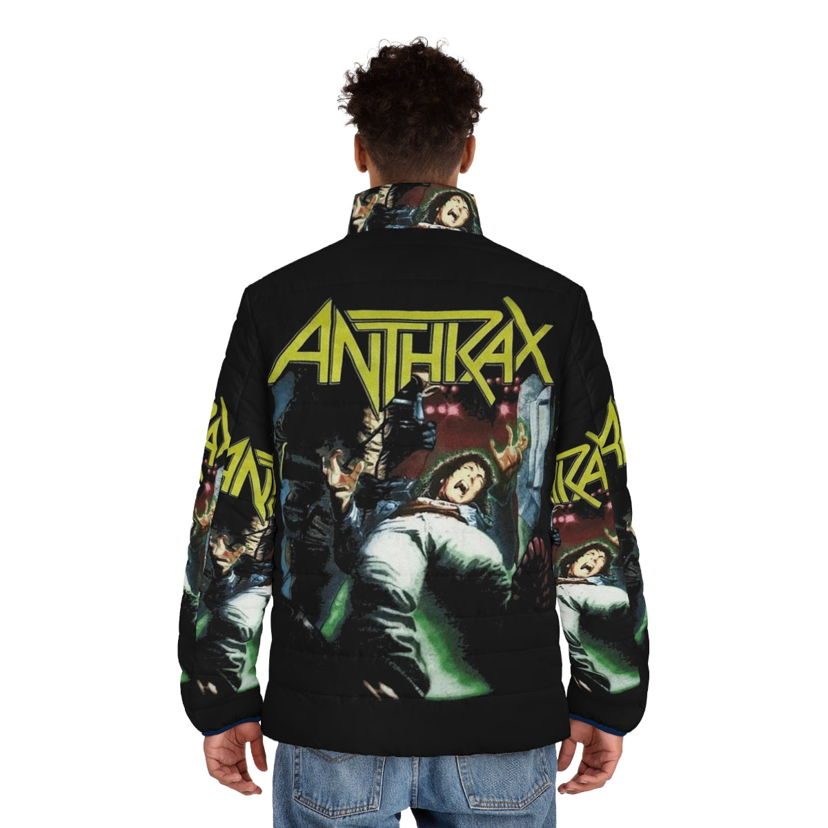 Anthrax Band Puffer Jacket featuring the iconic Anthrax logo and band members - men back