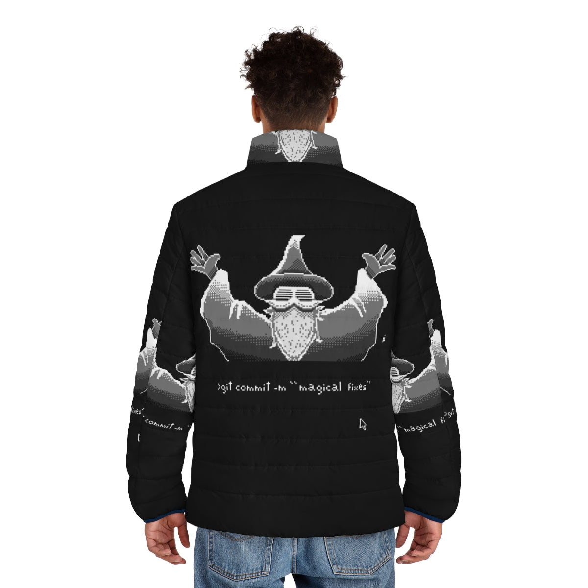 Git Wizard Puffer Jacket featuring retro pixel art and monochrome design - men back