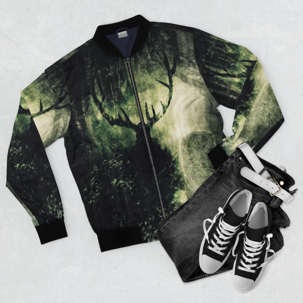 Pagan Celtic Green Man Bomber Jacket - Flat lay