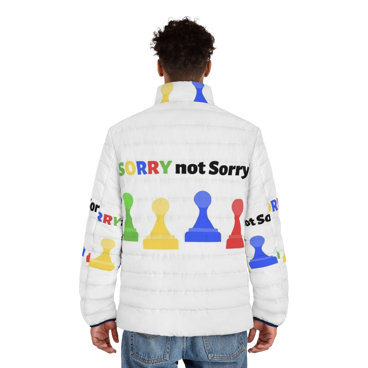 Sorry Not Sorry Puffer Jacket with vibrant board game inspired graphics - men back