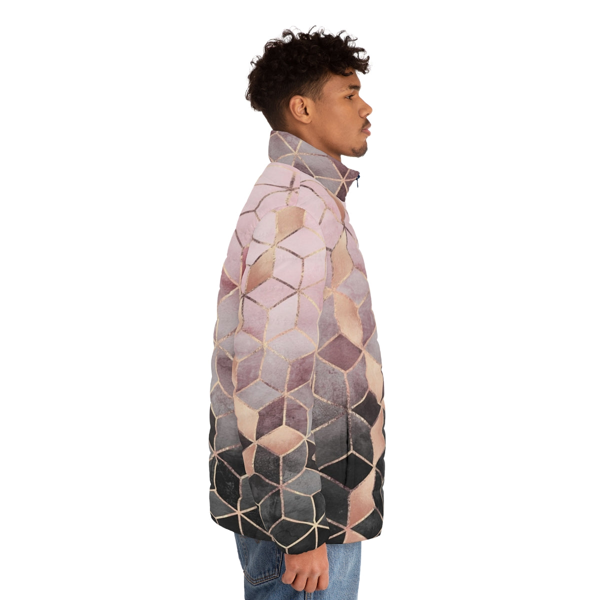 A puffer jacket featuring a gradient geometric cube pattern in pink and grey tones. - men side right