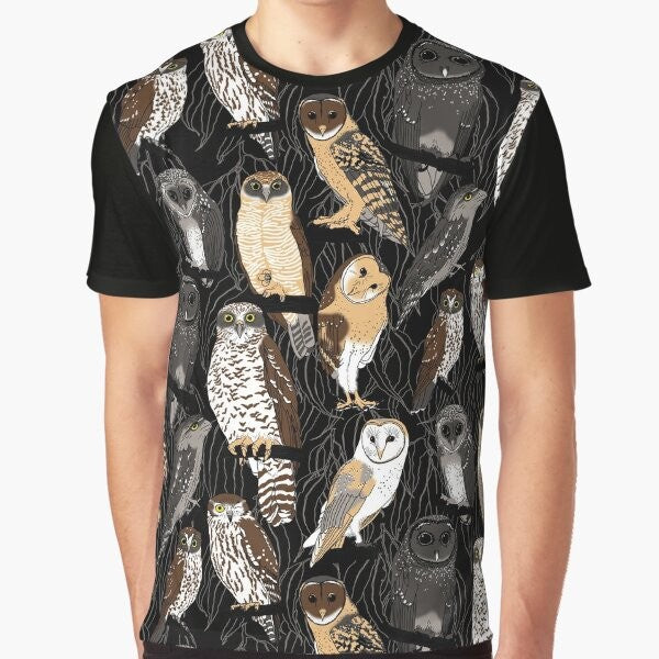 Graphic illustration of various Australian owl species including ninox strenua, tyto alba, and podargus strigoides on a t-shirt.