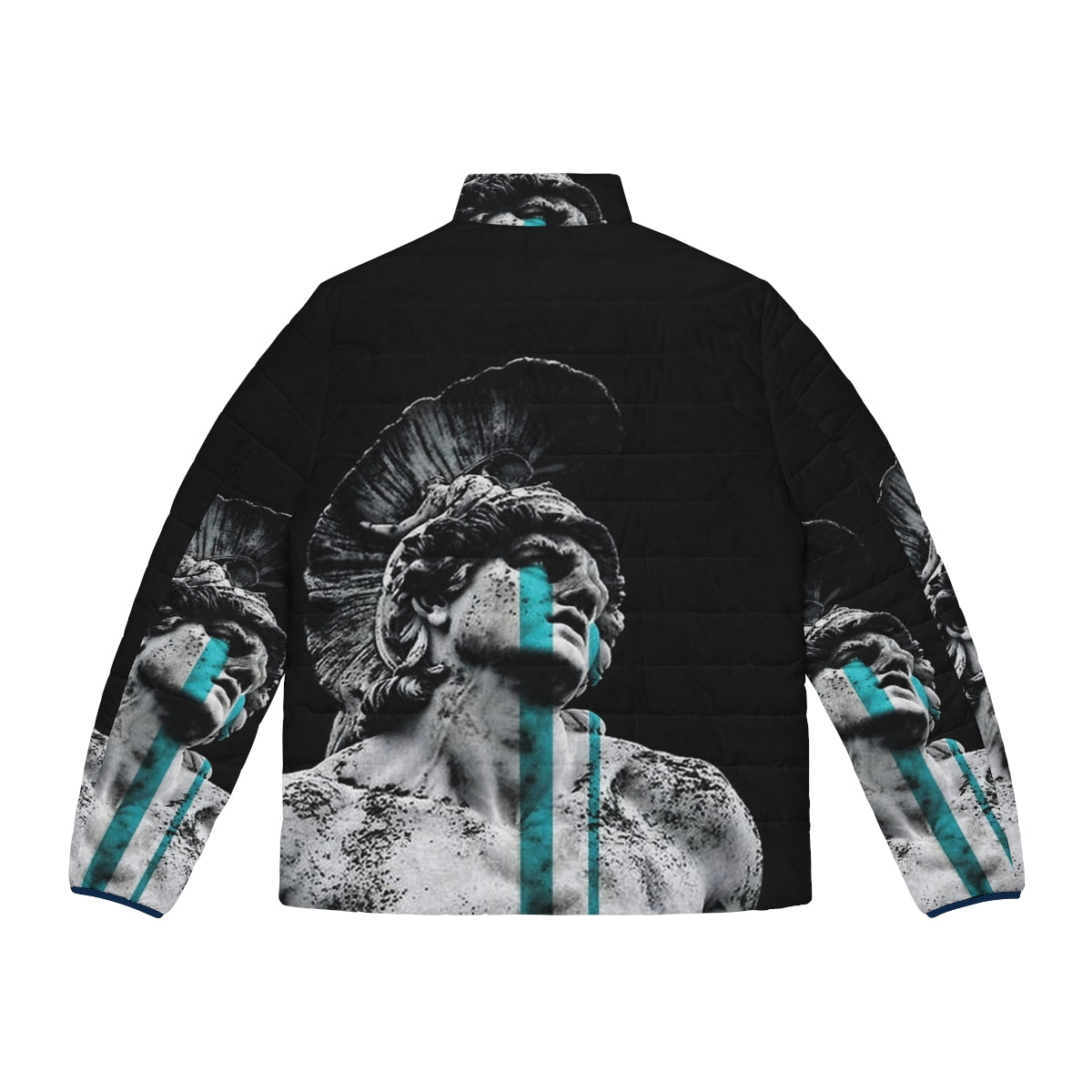 A puffer jacket featuring a digital art collage of a crying ancient Greek soldier in a surreal, black and white setting - Back