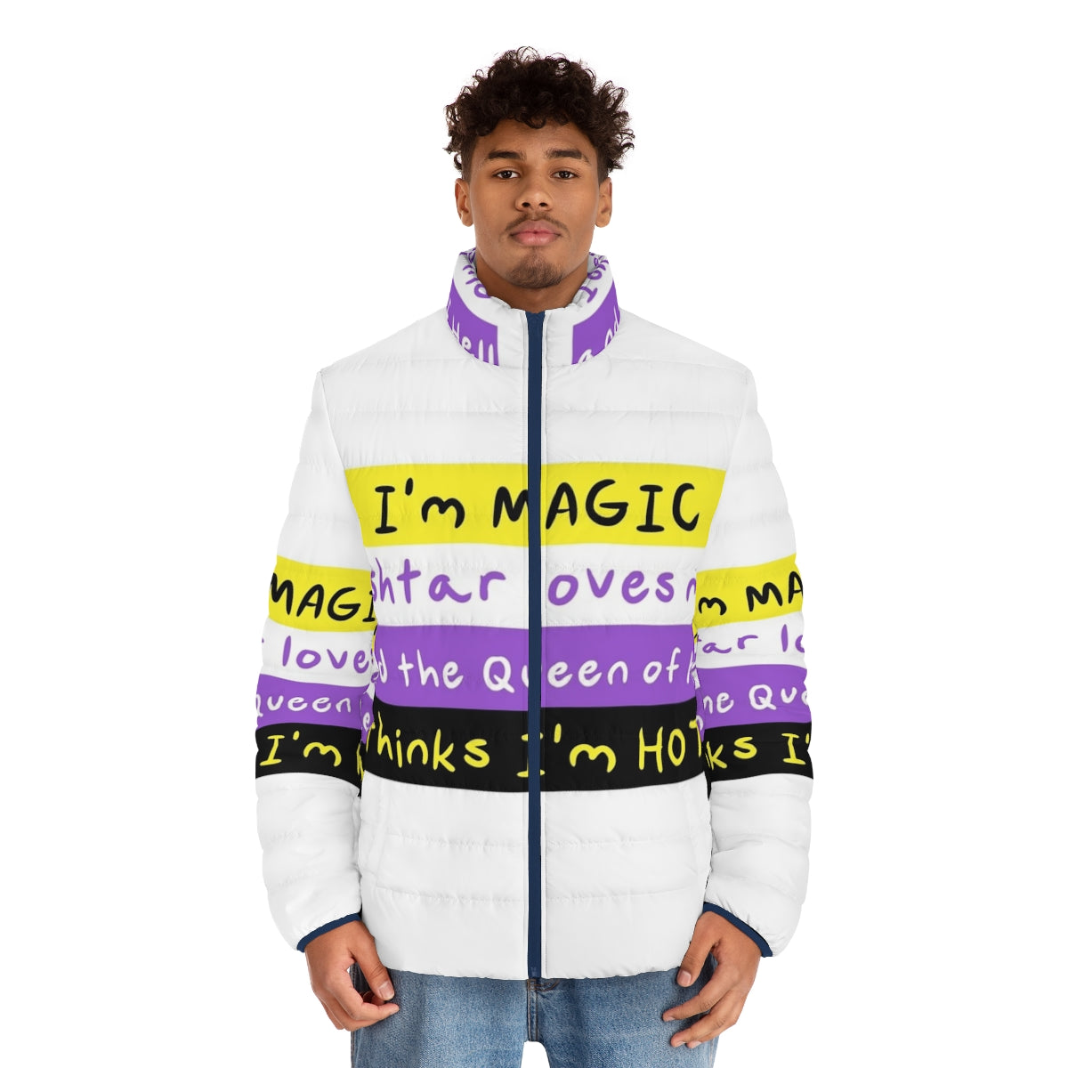 Ishtar-inspired nonbinary puffer jacket with magic and pride design - men front