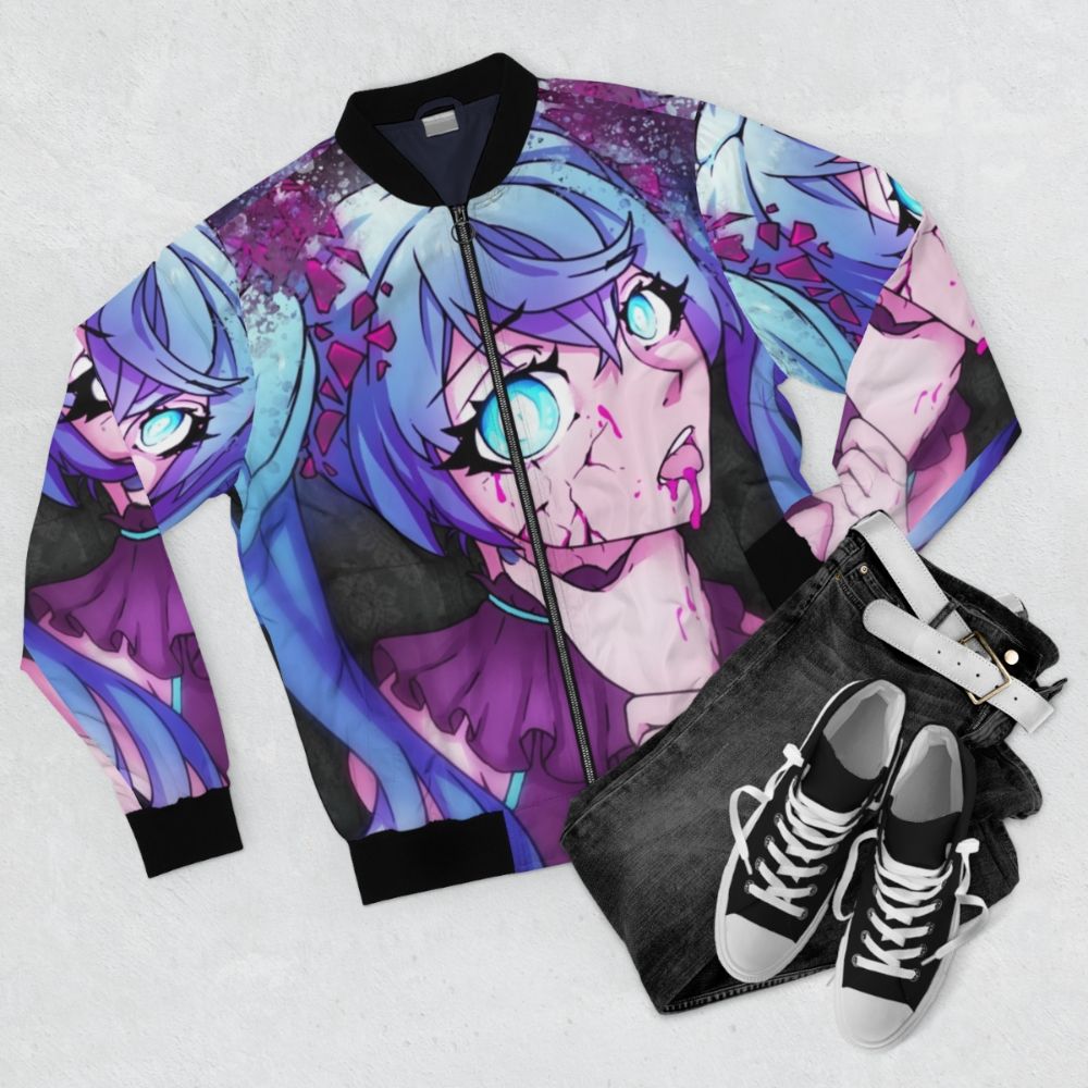 Hatsune Miku inspired anime style bomber jacket with neon lights and sparkles - Flat lay