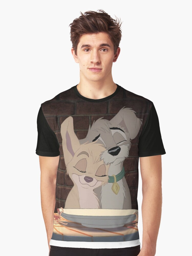 Scamp and Angel, the mischievous pup and his angelic sister from the Disney movie "Lady and the Tramp 2", featured on a graphic t-shirt design. - Men