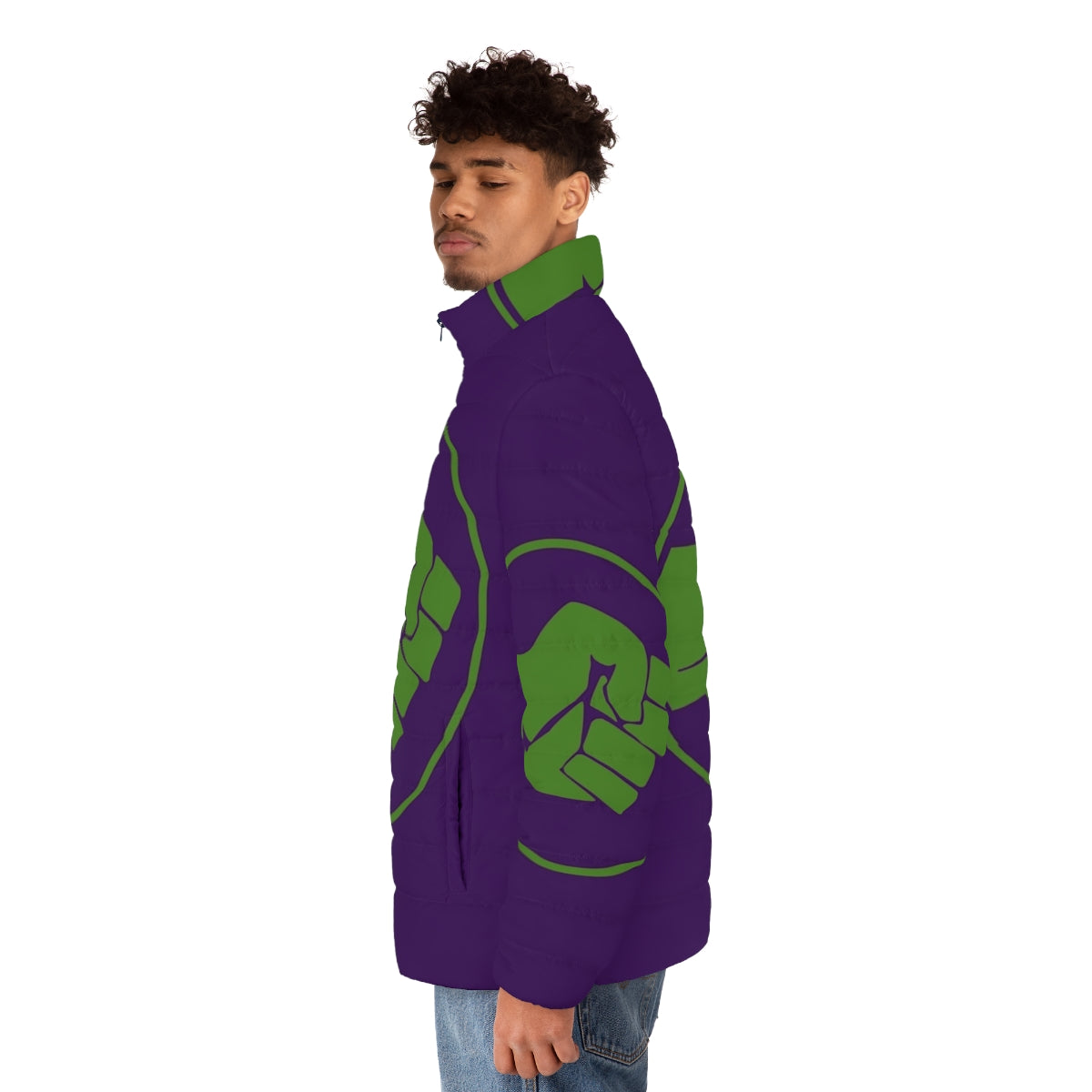 Green puffer jacket featuring the iconic Incredible Hulk smash fist logo - men side left