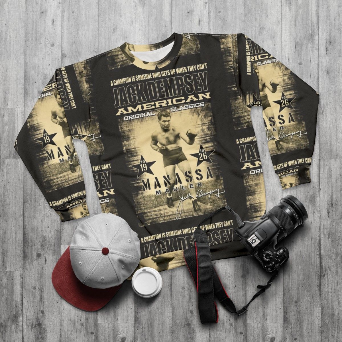 Vintage Jack Dempsey heavyweight champion boxing sweatshirt - flat lay