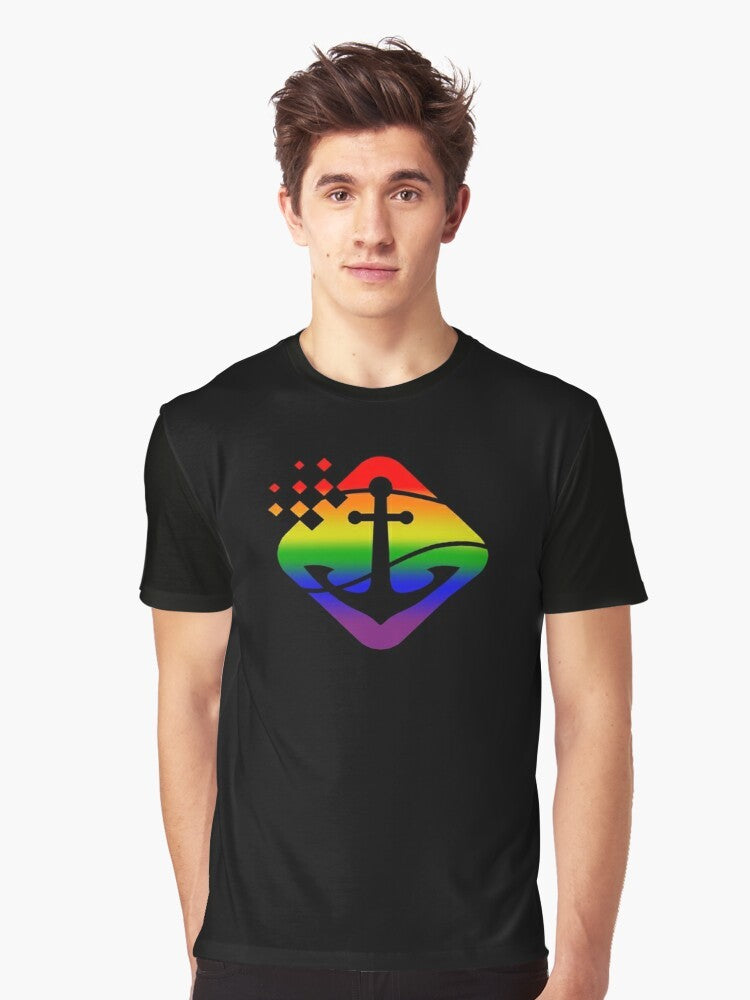 Graphic t-shirt design featuring a nautical anchor and pride flag colors, celebrating nautical, anchor, and boating pride. - Men