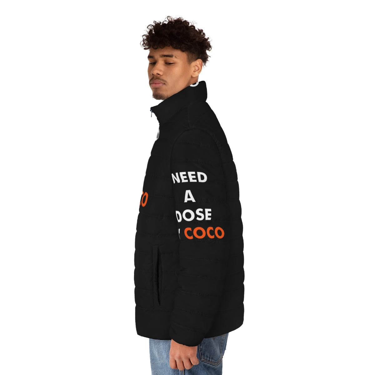 Conan O'Brien inspired 'Need a Dose O Coco' puffer jacket - men side left