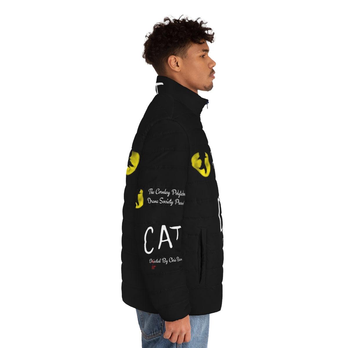 A cozy puffer jacket featuring a playful cat design inspired by the comedy 'The Play That Goes Wrong'. - men side right