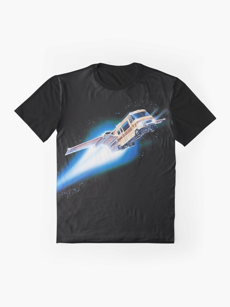 Spaceballs Winnebago graphic t-shirt featuring the iconic spaceship from the 1980s comedy film - Flat lay