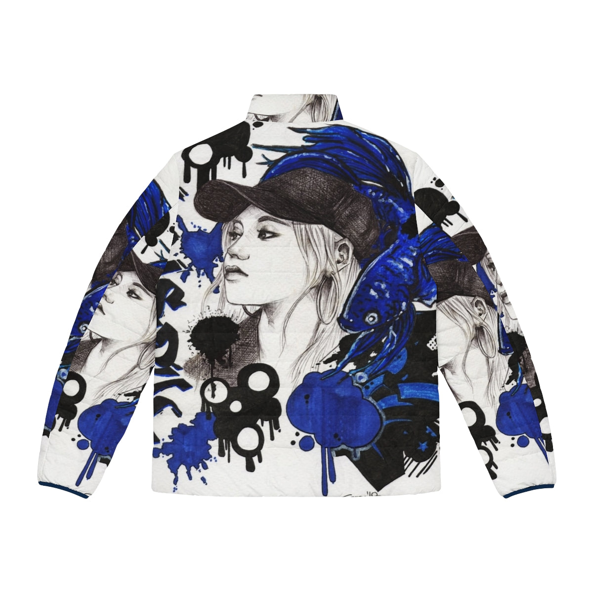 Blue watercolor floral puffer jacket - Back