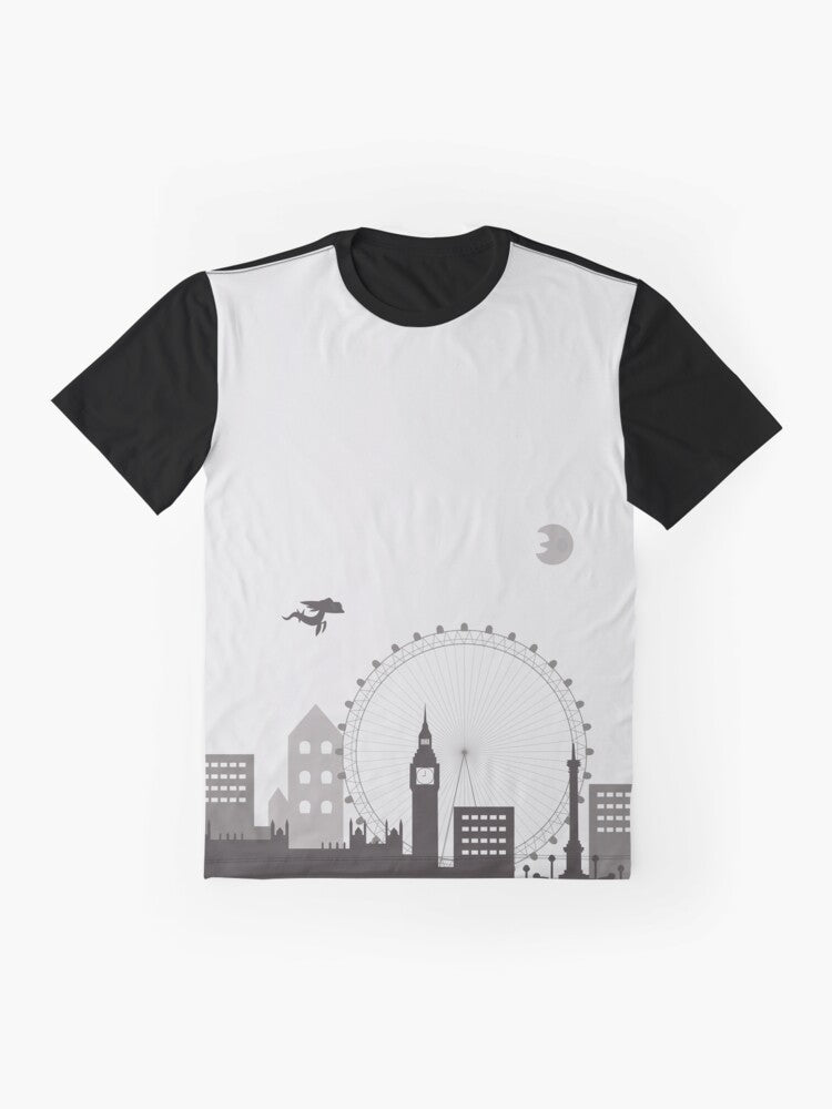 A grey and black graphic t-shirt featuring an urban cityscape and smog design - Flat lay