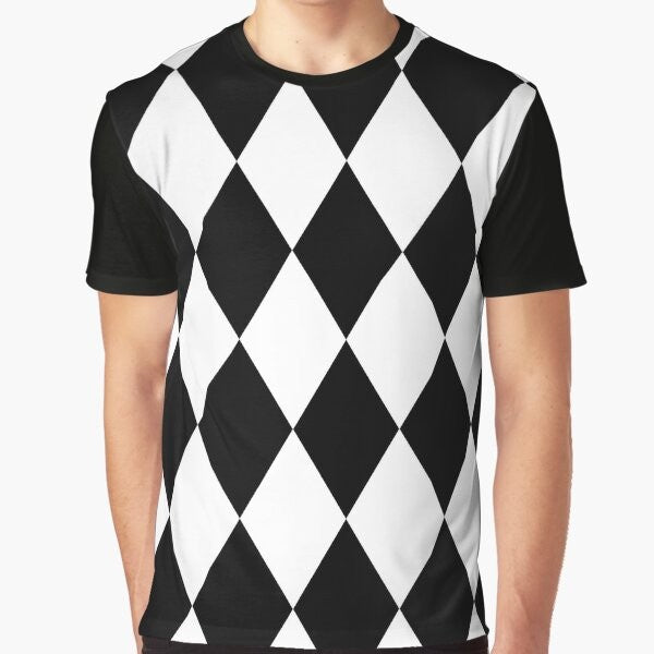 Harlequin Diamonds Graphic T-Shirt with a bold, monochrome diamond pattern