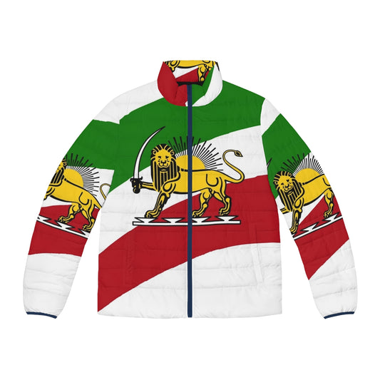 Puffer jacket with the Iran Pahlavi flag design featuring a lion and crown