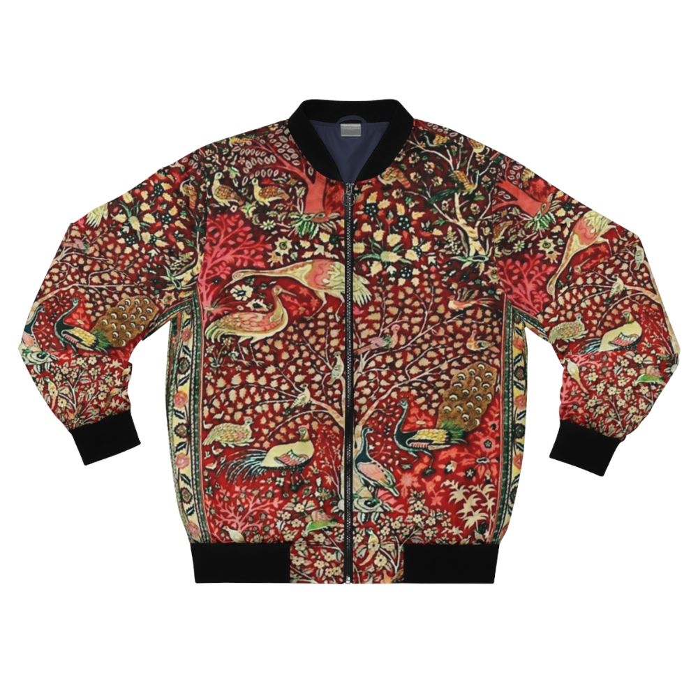 Vintage Persian rug bomber jacket with nature pattern featuring birds, trees, and flowers