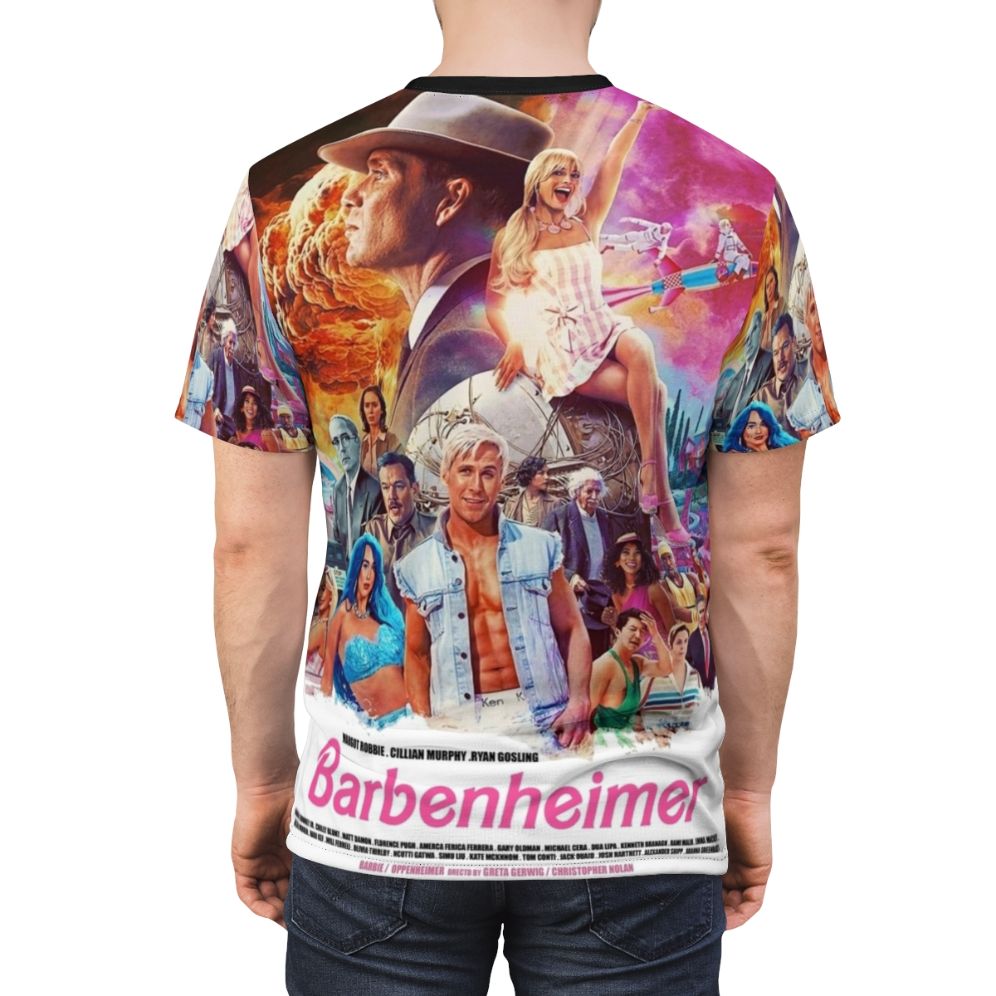 Barbie and Oppenheimer movie crossover t-shirt with nuclear explosion and mushroom cloud design - men back