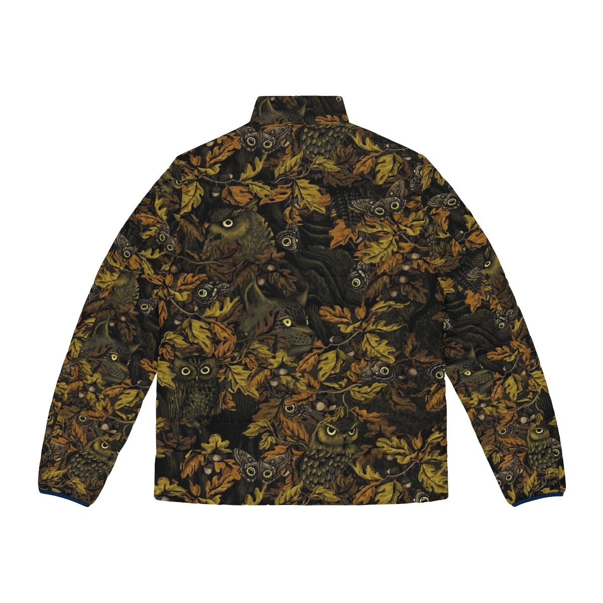 A stylish burnt sienna puffer jacket with a nature-inspired camouflage pattern, perfect for outdoor adventures. - Back