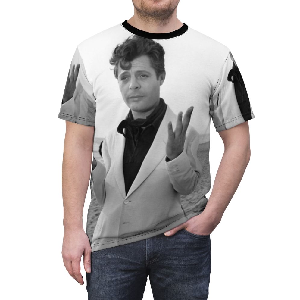 Vintage-style T-shirt featuring an illustration of iconic Italian actor Marcello Mastroianni from classic 1960s films. - men front