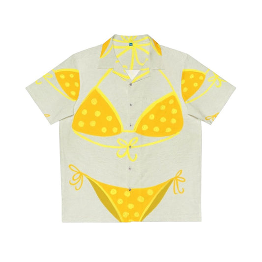 Woman wearing yellow polka dot bikini on a yellow and cream Hawaiian shirt