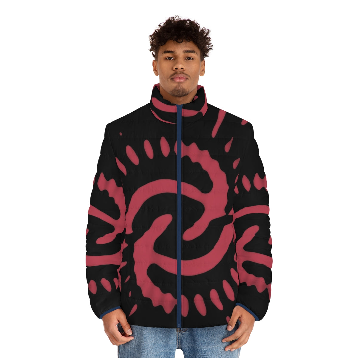 1970 pink puffer jacket with abstract time vortex pattern - men front