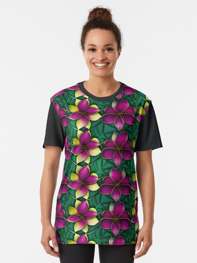 Colorful plumeria flower graphic on a funky Hawaiian tropical t-shirt - Women