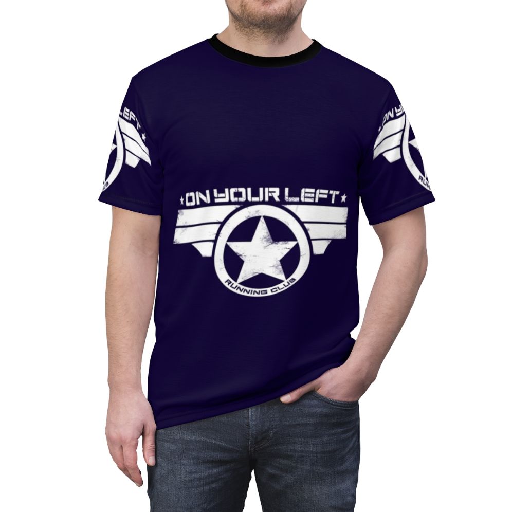 Distressed print t-shirt featuring captain america running club design - men front