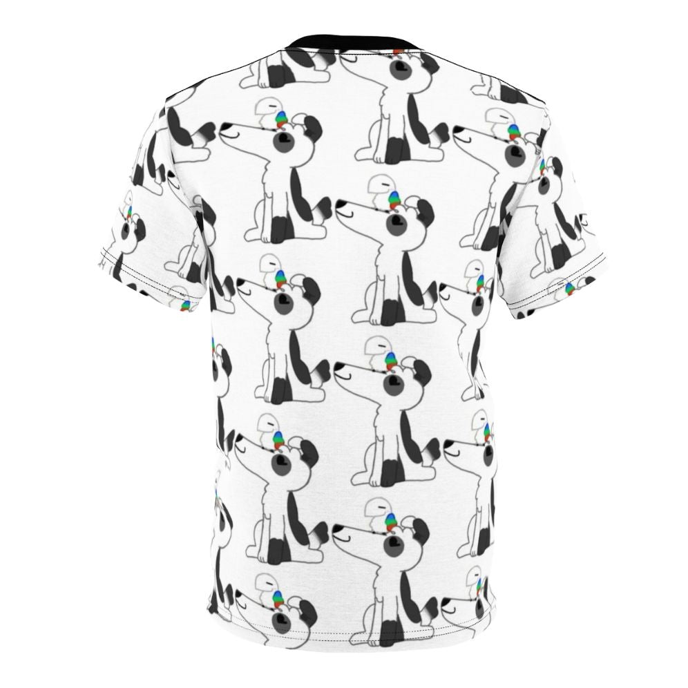 A high-quality t-shirt featuring a playful dog and bird design. - Back