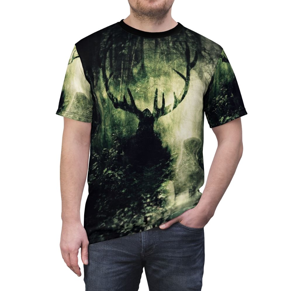 Artistic impression of the Green Man, a mythical figure from Celtic mythology, featured on a high-quality t-shirt. - men front