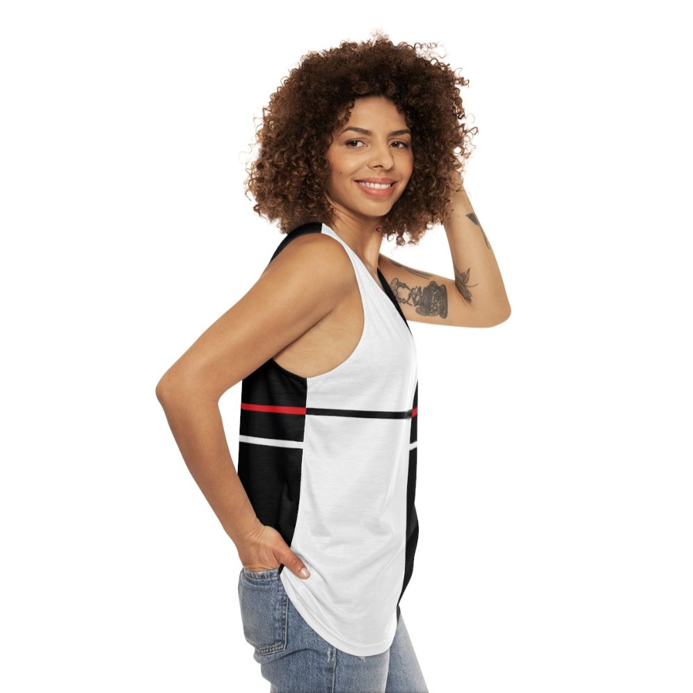 Unisex tank top with minimalist monochrome abstract art design - women side