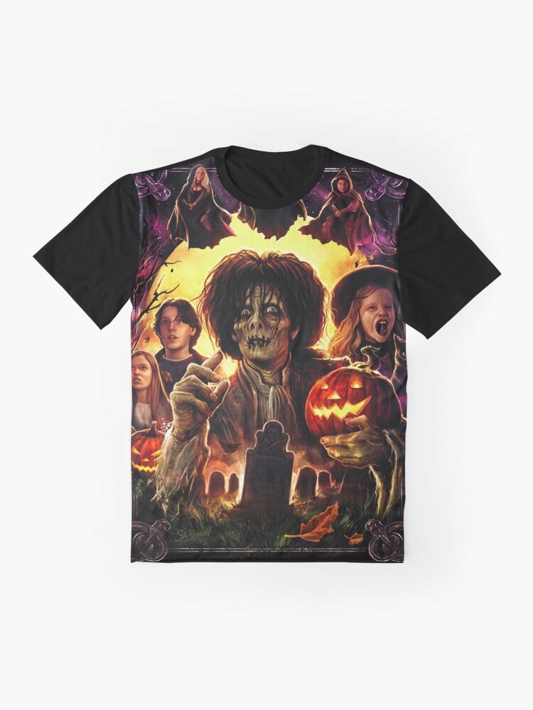 Graphic t-shirt design featuring the Sanderson Sisters from the classic Halloween movie Hocus Pocus, with a vintage, retro style. - Flat lay