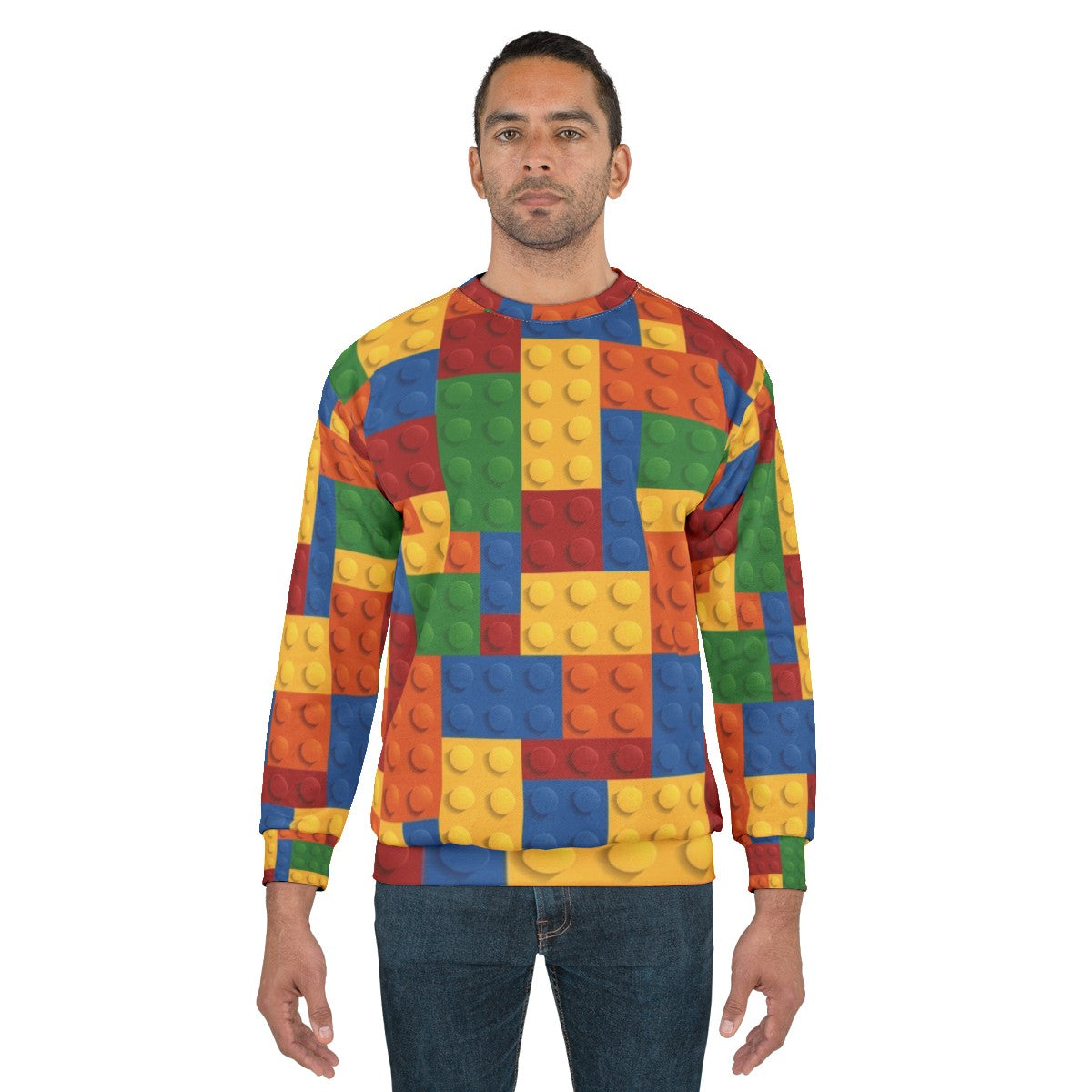 Modeling a block pattern sweatshirt with gaming-inspired design - men