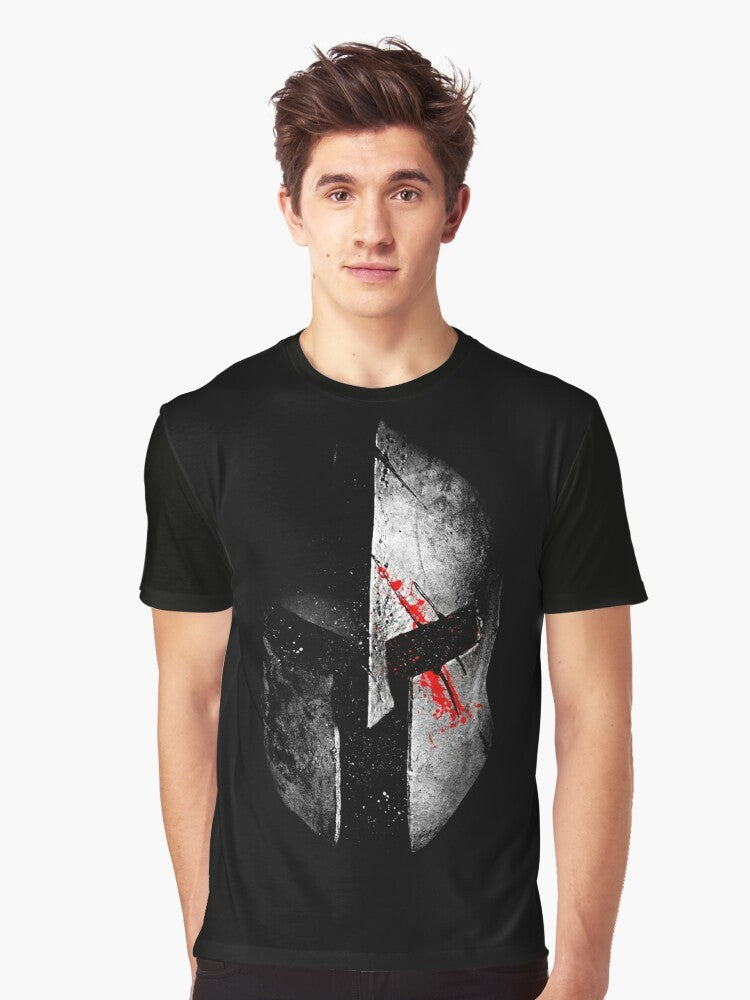 Spartan warrior graphic t-shirt featuring dark art, helmet, and bloody design - Men