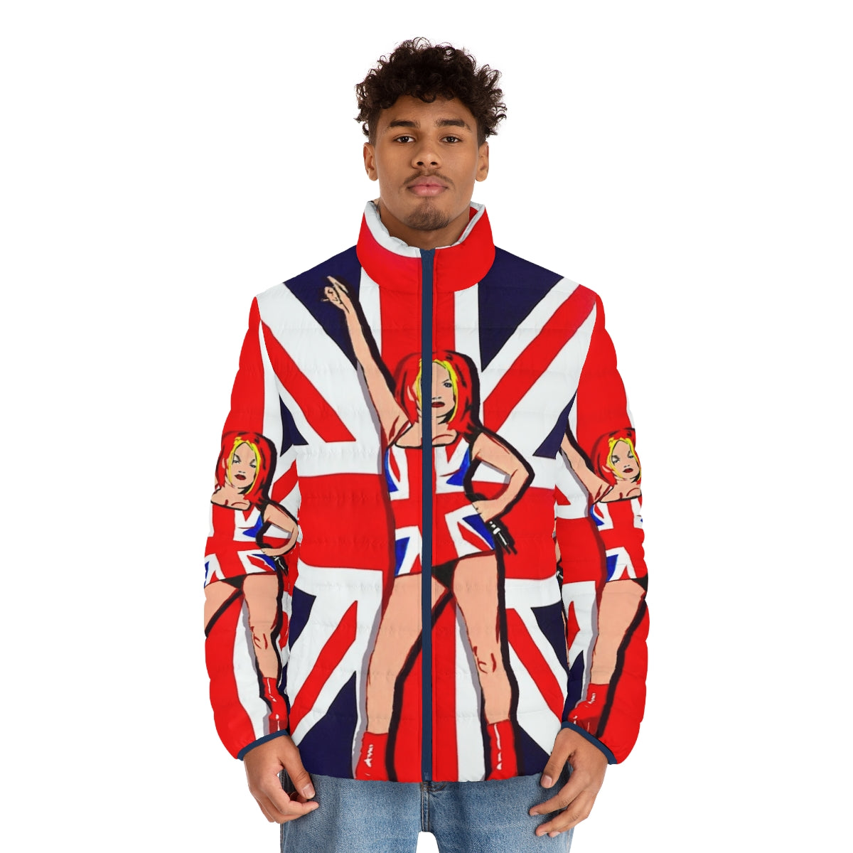 Union Jack puffer jacket, 90s inspired fashion - men front