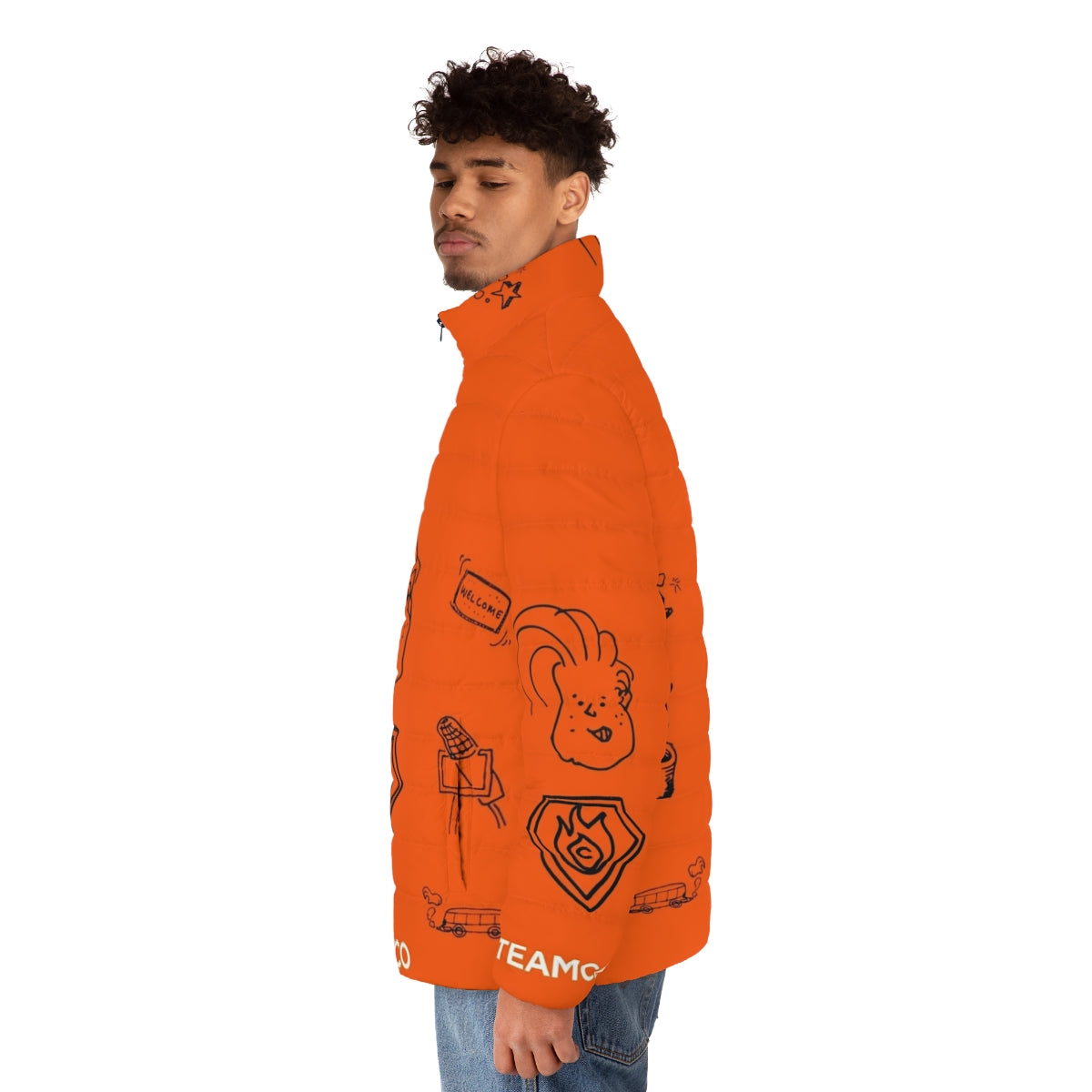 Team Coco Doodle World Puffer Jacket featuring Conan O'Brien's iconic brand - men side left