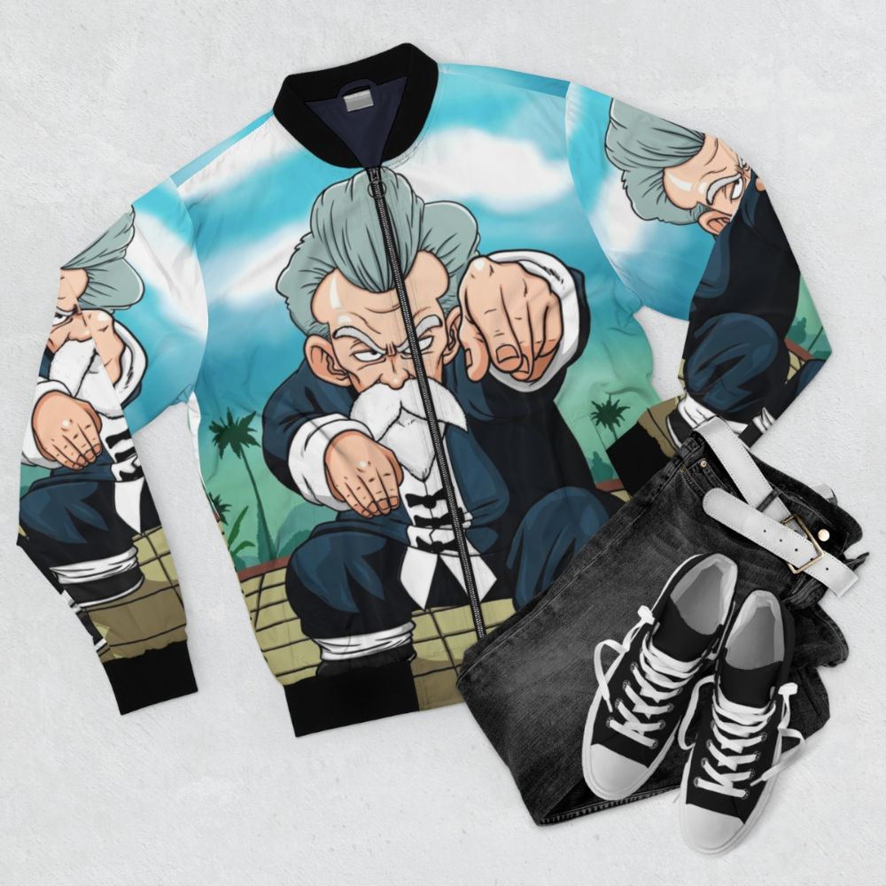 Dragonball inspired incognito bomber jacket with graphic design - Flat lay