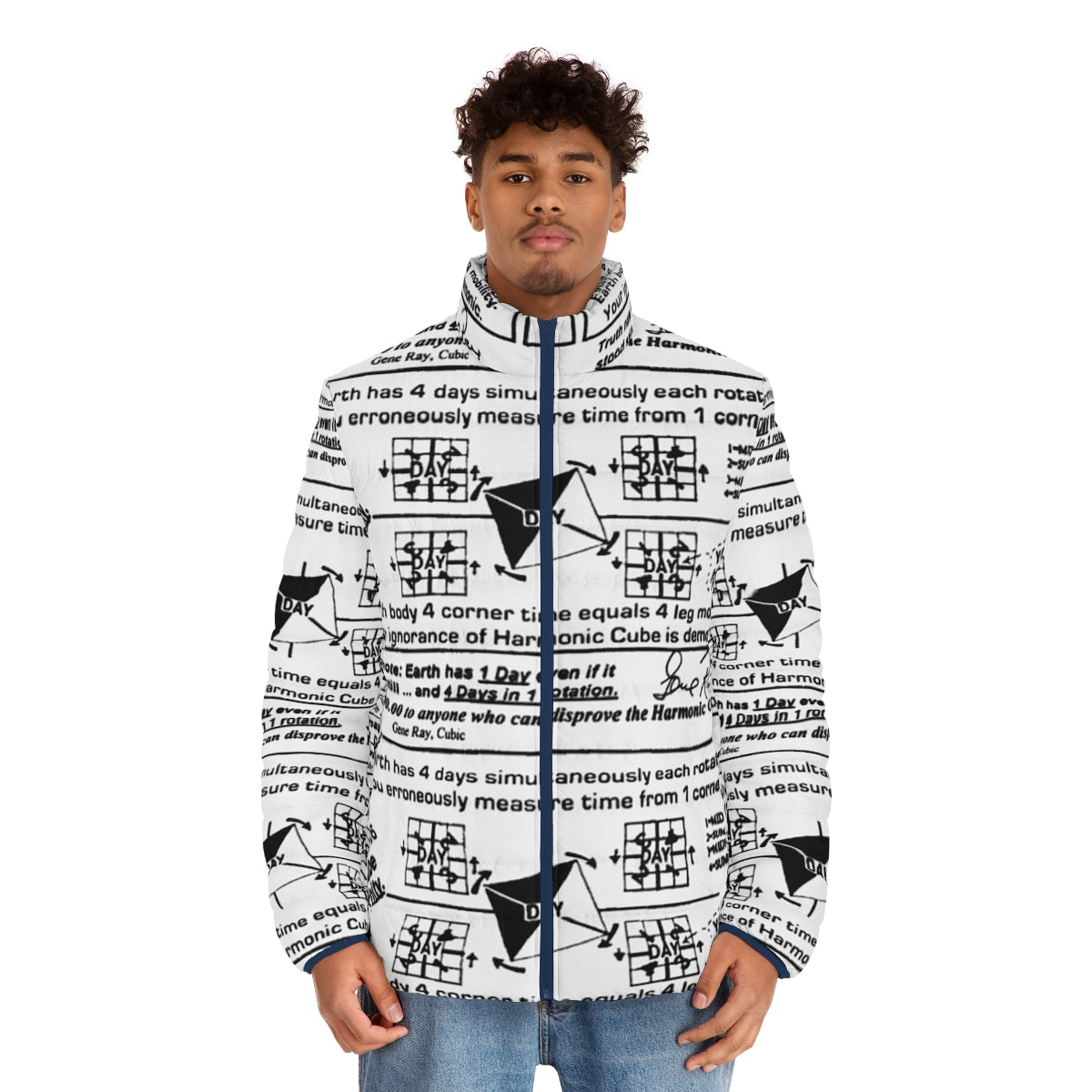 Time Cube Puffer Jacket - Embrace the meme-worthy warmth of this unique and cozy winter jacket - men front