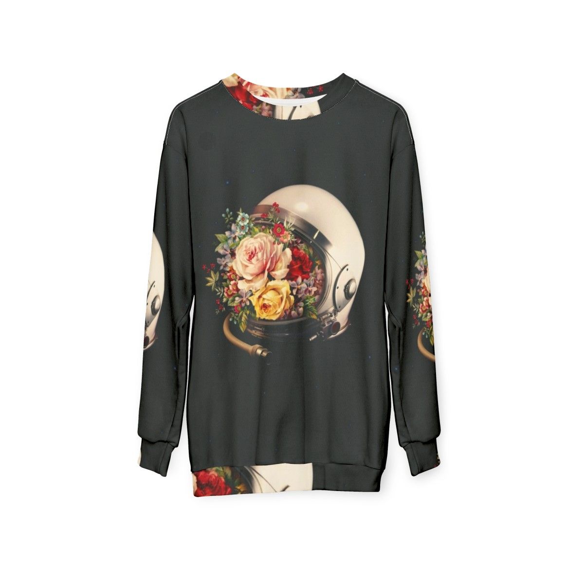 Celestial Bloom Astronaut Sweatshirt featuring a surreal collage of an astronaut, stars, and flowers - hanging